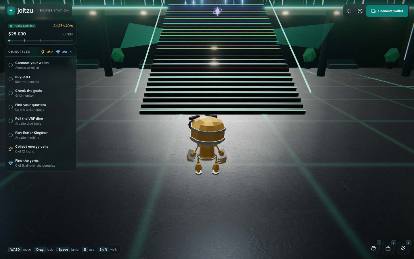 A robot avatar beneath the power station's illuminated mezzanine staircase